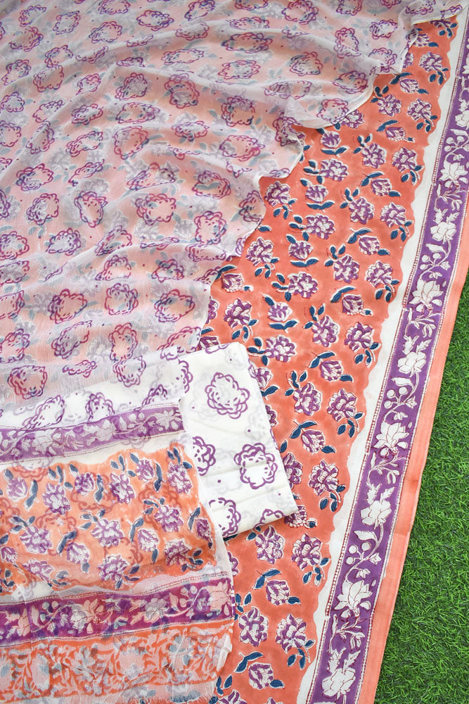 Hand Block Printed Cotton unstitched suit fabric with Chiffon dupatta