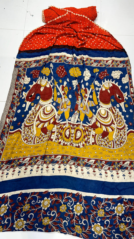 Beautiful Hand-Crafted Modal Silk Bandhani + Kalamkari print Saree