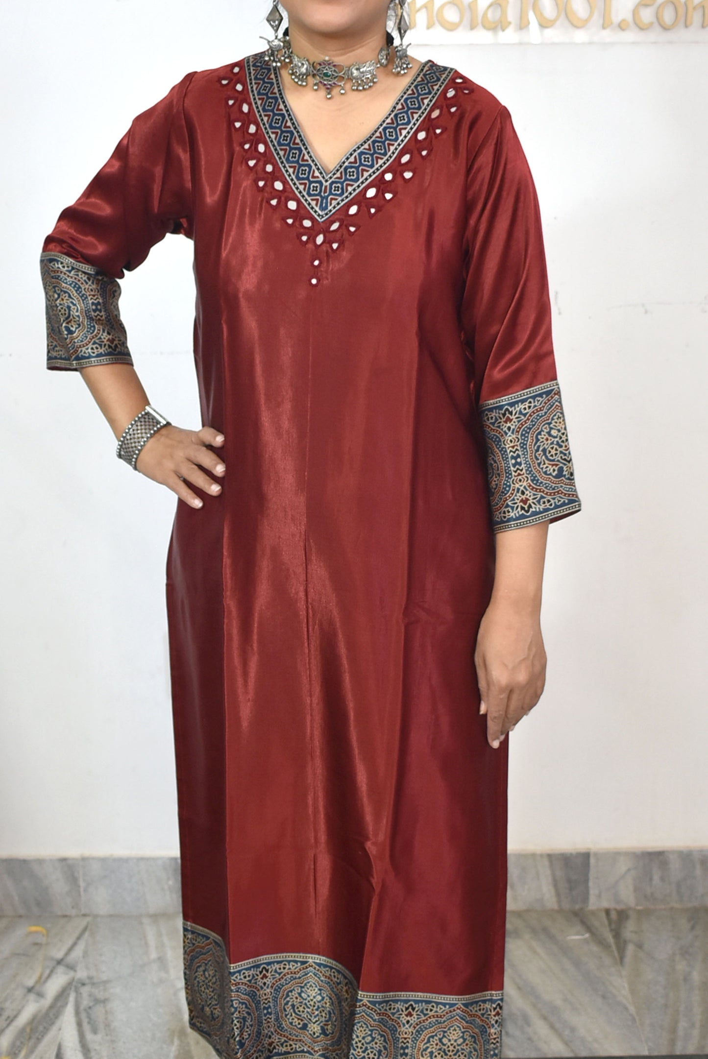 Beautiful Mashru Silk Kurta with Ajrakh patch Kutch mirror work size - 40-46