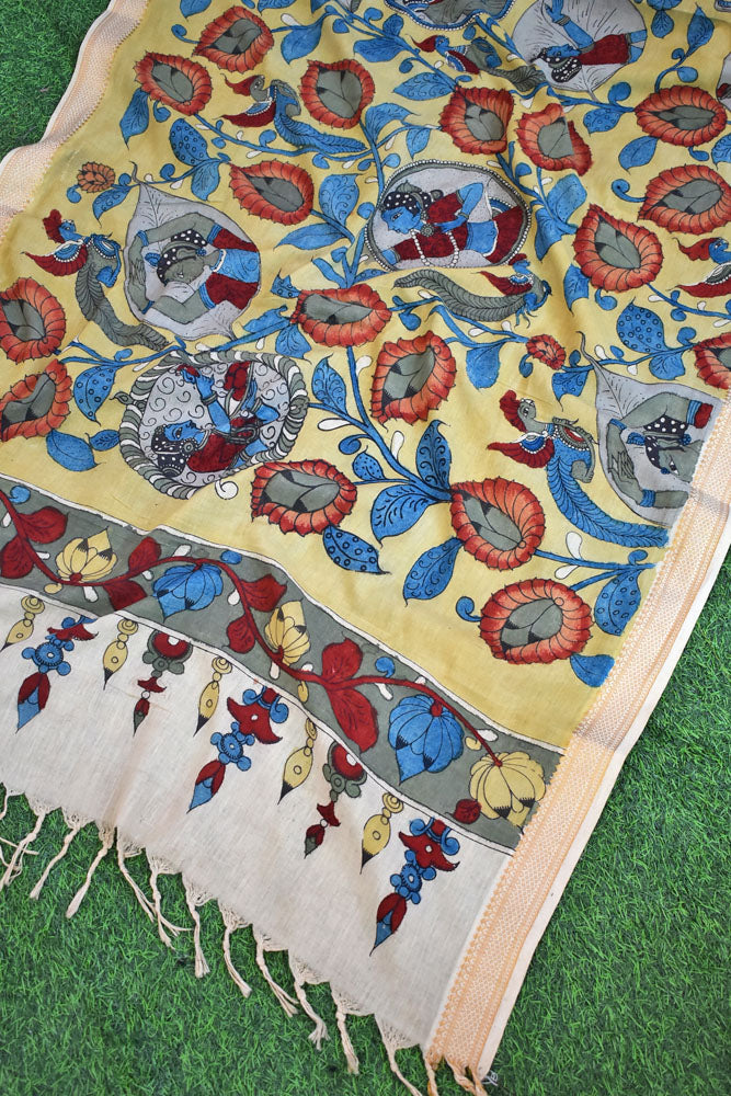 Beautiful Mangalgiri Cotton Pen Kalamkari Dupatta