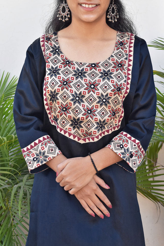 Beautiful Mashru Silk Kurta with Ajrakh patch & Kutch mirror work size - 38-44