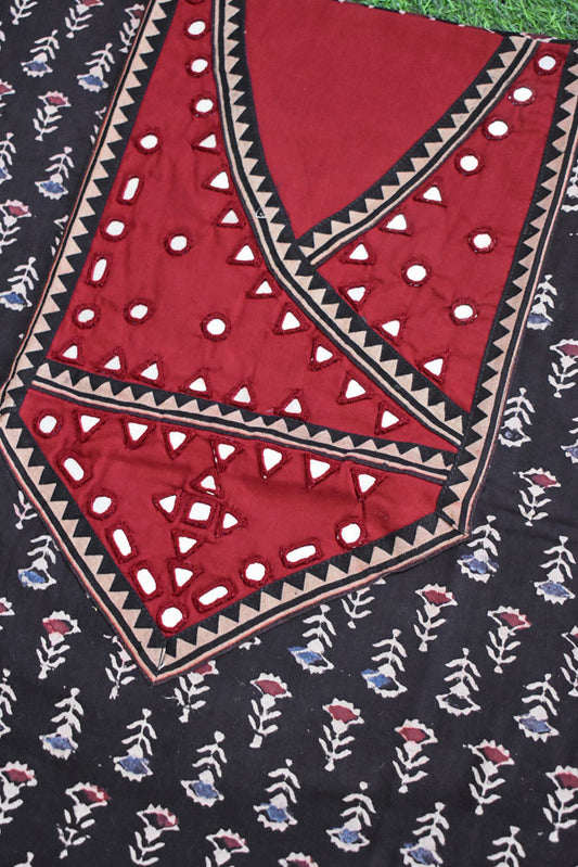 Designer Ajrakh Cotton Short Kurta Fabric with Kutch Mirror Work patch