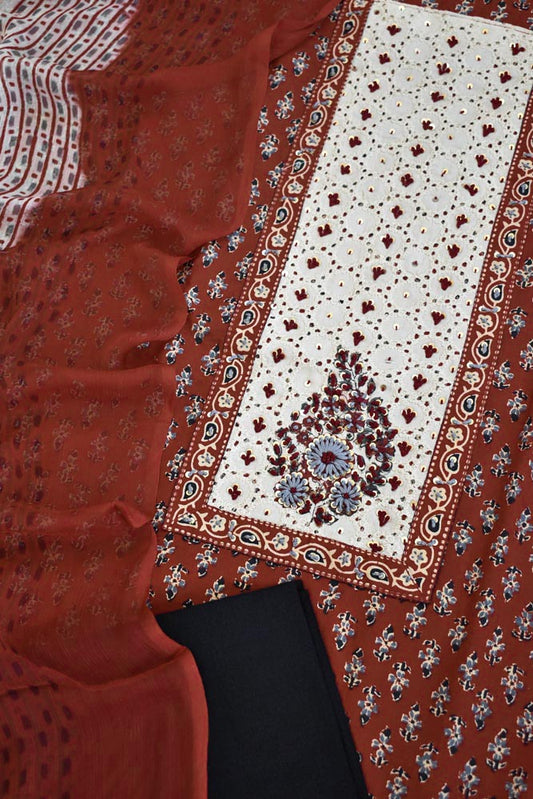 Beautiful  Cotton Unstitched Suit with  Neck patch, Intricate Hand Embroidery & Block print chiffon dupatta