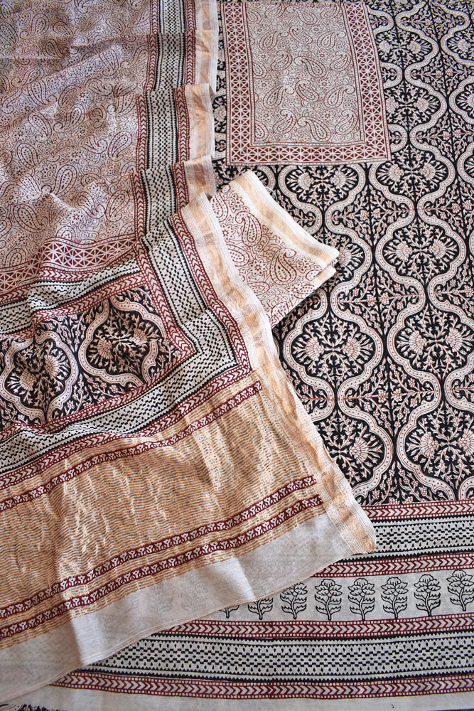 Bagh Hand Block Printed unstitched 3 pcs Handwoven Maheshwari suit fabric with Zari borders & Lagdi ( zari palla )