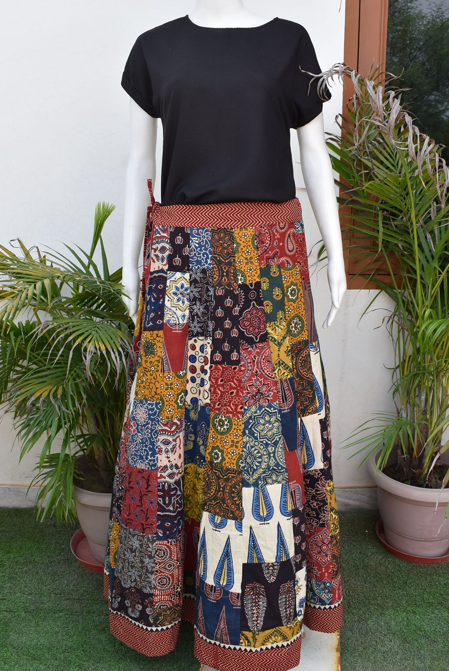 Beautiful Ajrakh Hand Block Printed Patch Work Cotton Long Skirt with Stitched borders