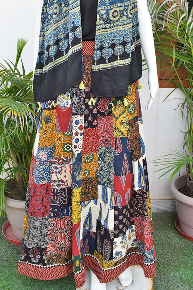 Beautiful Ajrakh Hand Block Printed Patch Work Cotton Long Skirt with Stitched borders