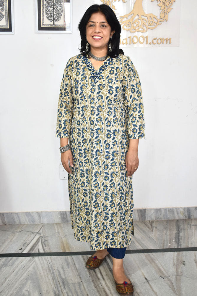 Beautiful Hand Block Printed Ajrakh Cotton kurta with Kutch Mirror work , Size 38 to 50 ( all sizes)