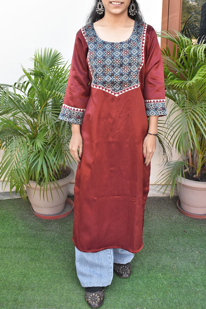 Beautiful Mashru Silk Kurta with Ajrakh patch & Kutch mirror work size - 38-44