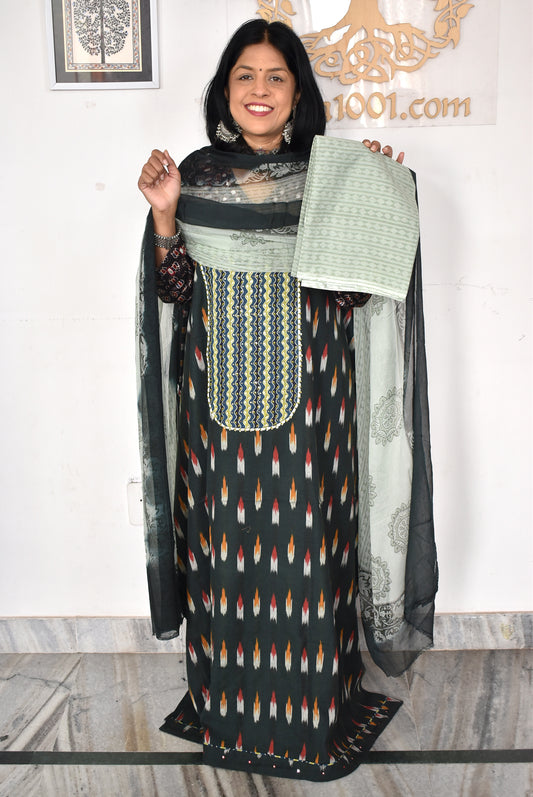 Elegant Handwoven Ikkat Cotton Unstitched Suit with Ajrakh patch ,Intricate Hand Embroidery block print dupatta