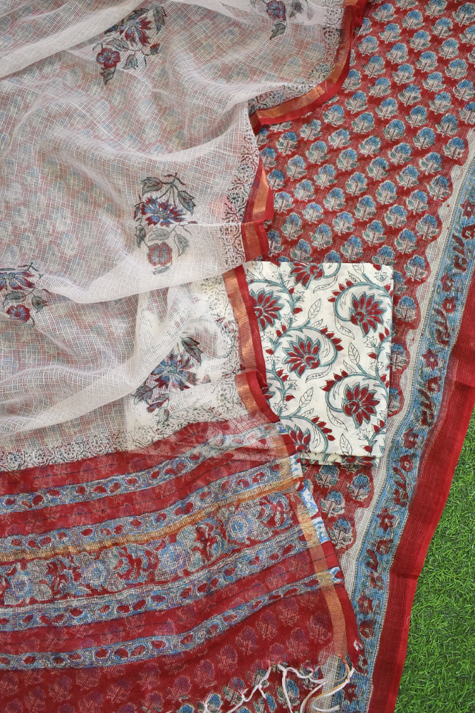 Beautiful Kota Doria cotton suit with Hand Block print