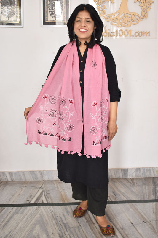 Beautiful Soft Cotton Voile Stole with Kantha work & hand embroidery & tassels