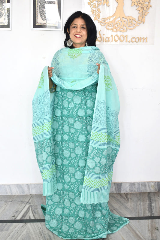 Hand Block Printed Cotton unstitched suit fabric with Soft Cotton dupatta