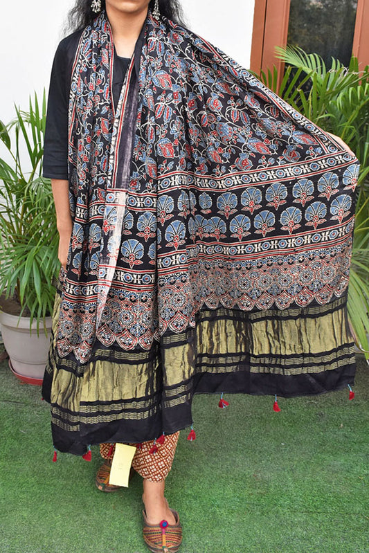 Elegant Modal Silk Ajrakh Block Print Dupatta with Lagdi Palla