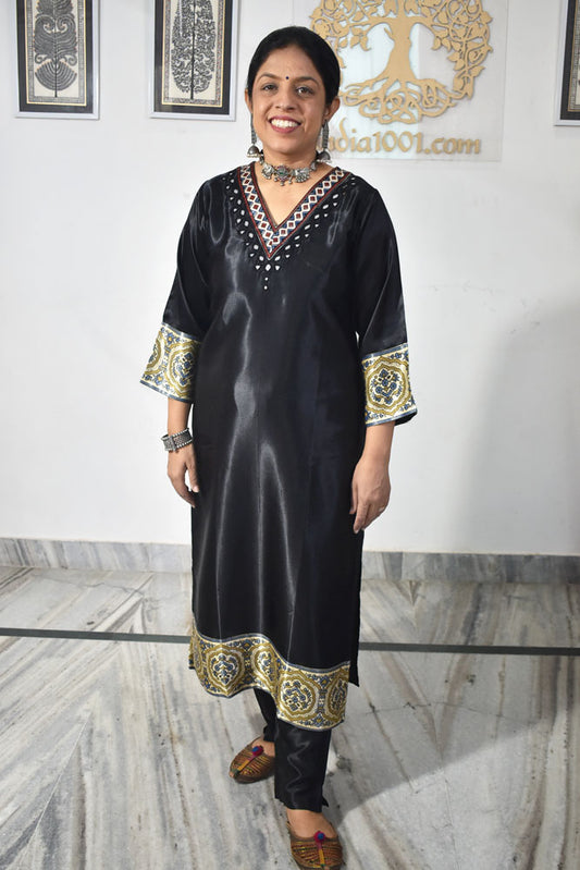 Beautiful Mashru Silk Kurta with Ajrakh patch Kutch & mirror work size with Mashru pant - 38 - 44