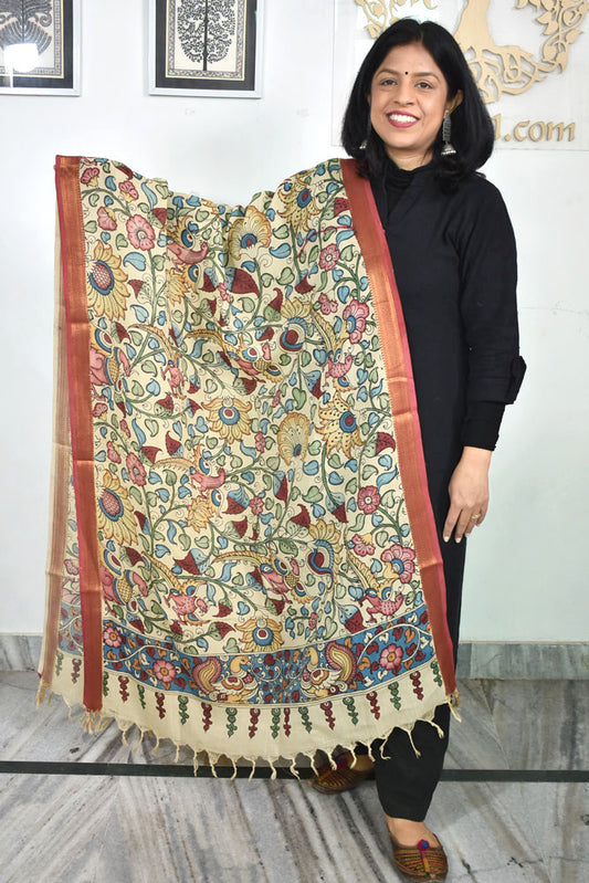 Beautiful Bangalore Cotton Silk Hand Painted Kalamkari Dupatta