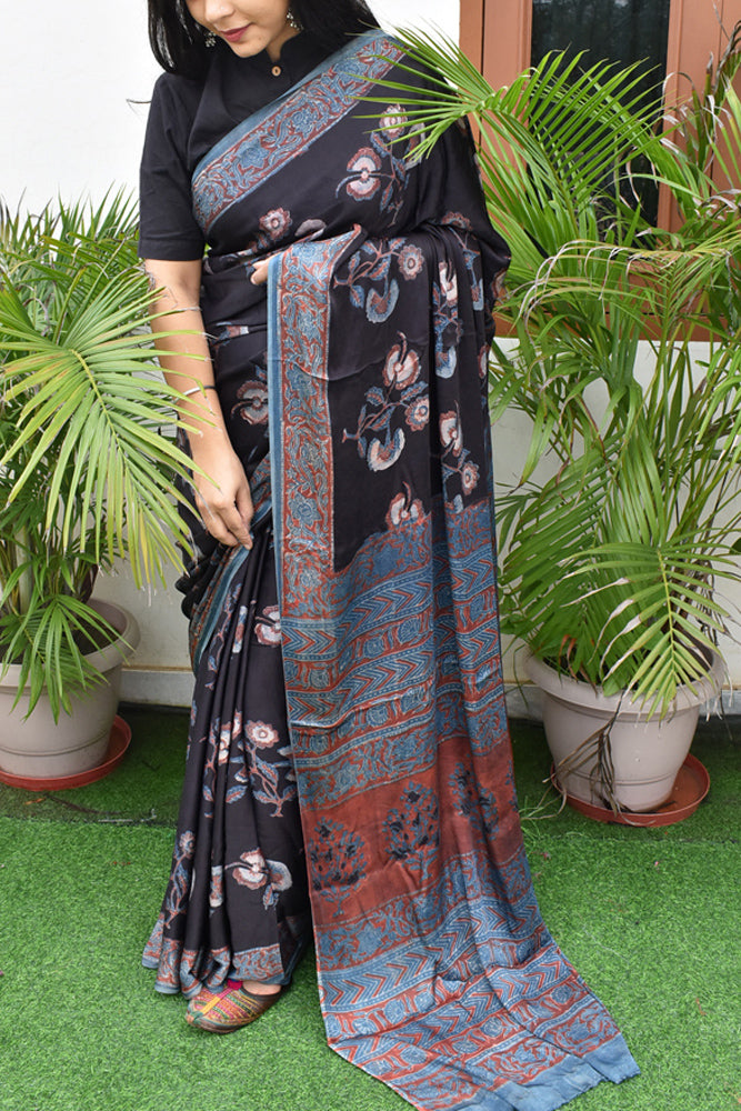 Earthy & Subtle Hand Block Printed Vanaspati Ajrakh Modal Silk Saree with blouse