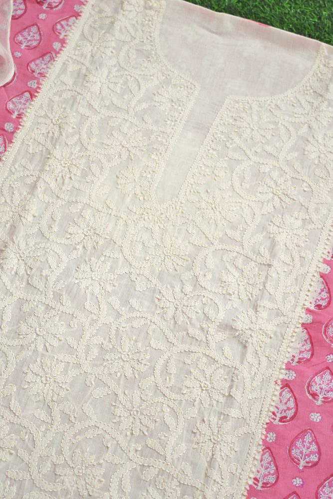 Beautiful Cotton Unstitched Suit Fabric with Chikankari & Hand Block printing