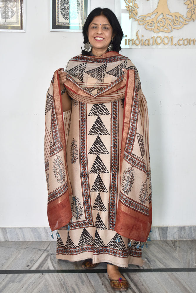 Beautiful Hand Block printed Kutch Ajrakh Chanderi Kurta and Lagdi patta dupatta set