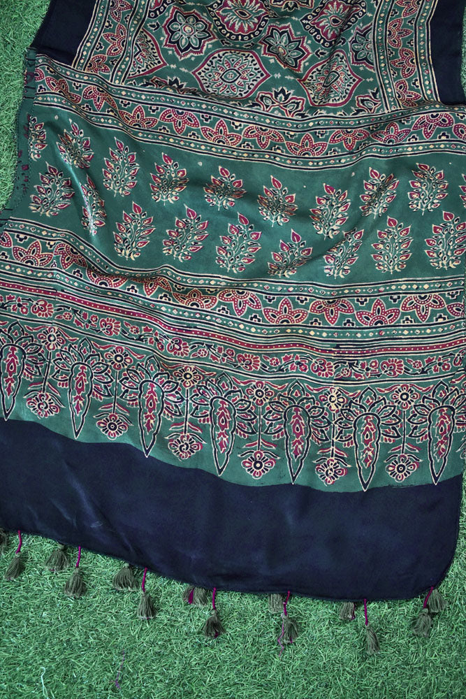 Beautiful Hand Block Printed Ajrakh Modal Silk stole with Tassels