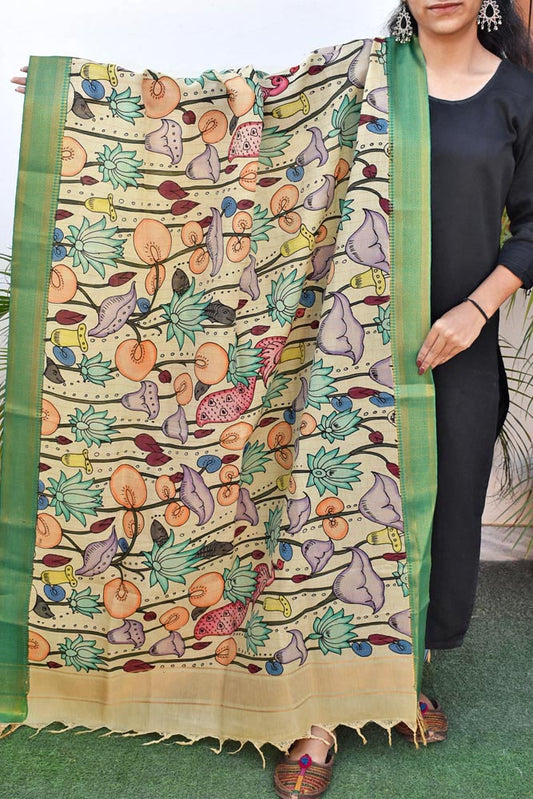 Beautiful Bangalore Cotton Silk Hand Painted Kalamkari Dupatta