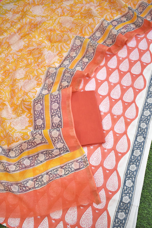 Hand Block Print Cotton suit with Chanderi dupatta