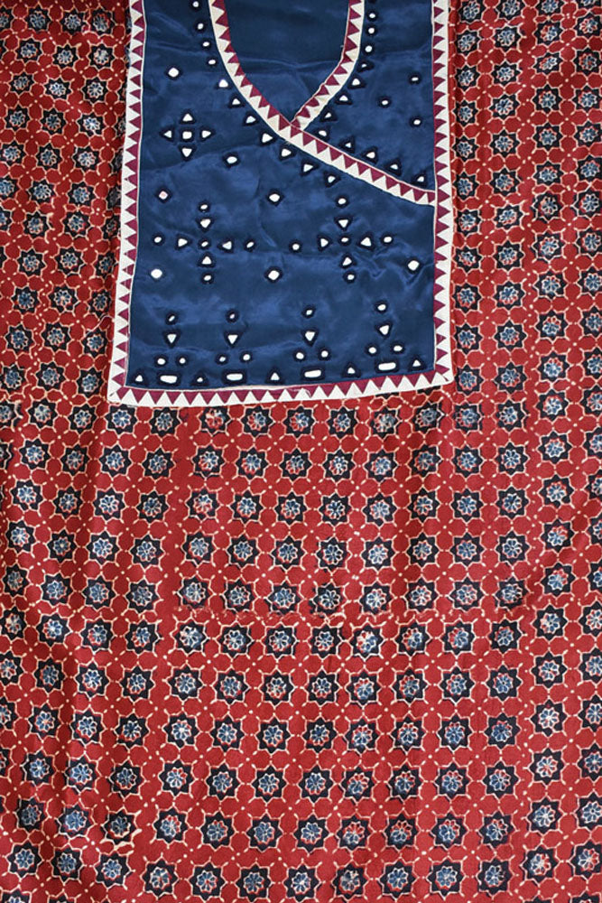 Designer Ajrakh Mashru Kurta Fabric with Kutch Mirror Work patch