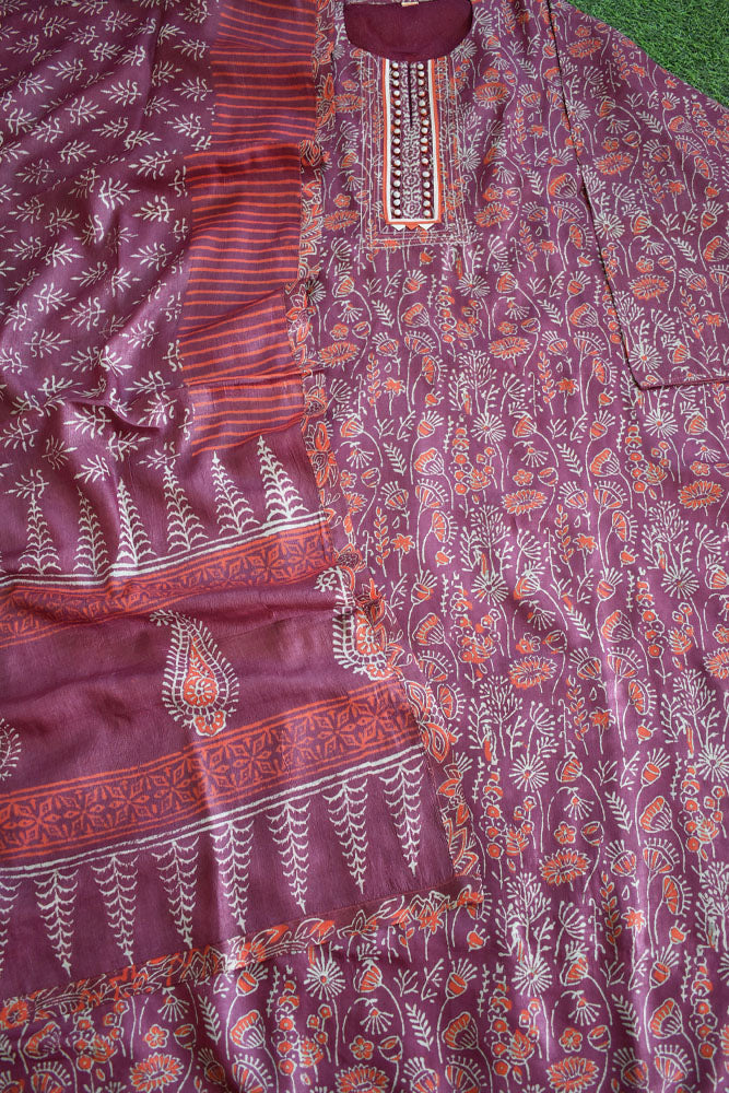 Semi Stitched Block Printed Tussar Silk Dupatta  & Tussar Kurta Fabric