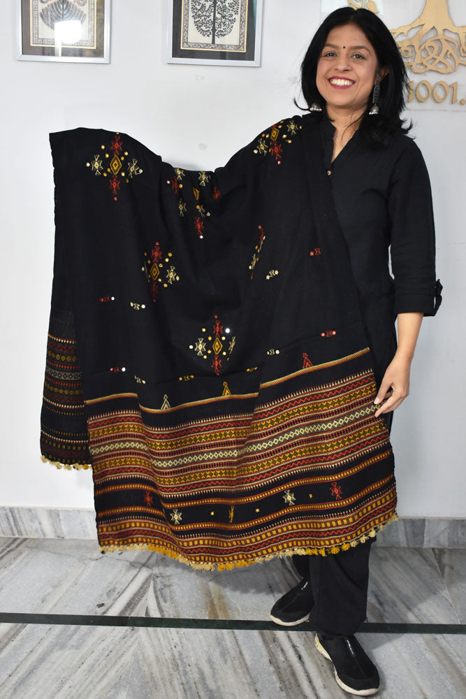 Handwoven Bhujodi Mirror Work Wool Stole / Shawl