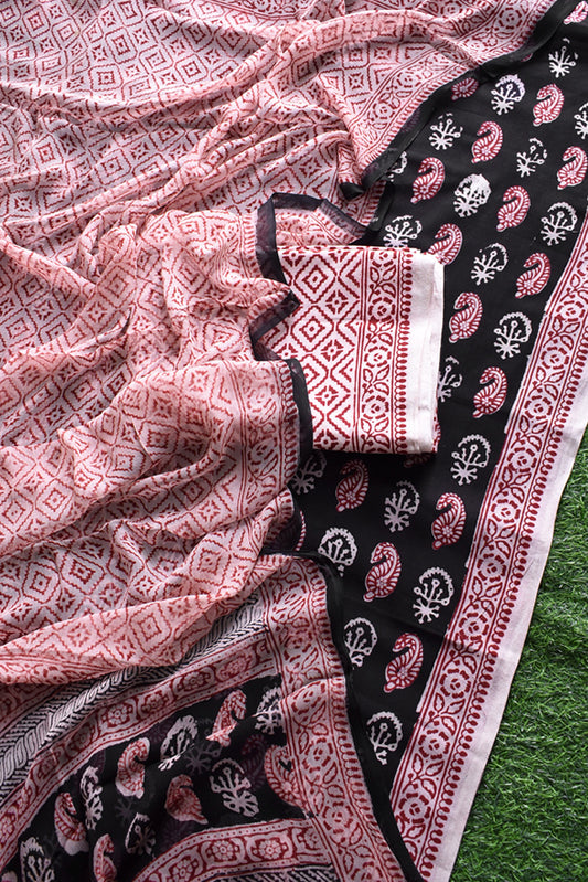 Classic Bagh Block Printed unstitched suit fabric with chiffon dupatta