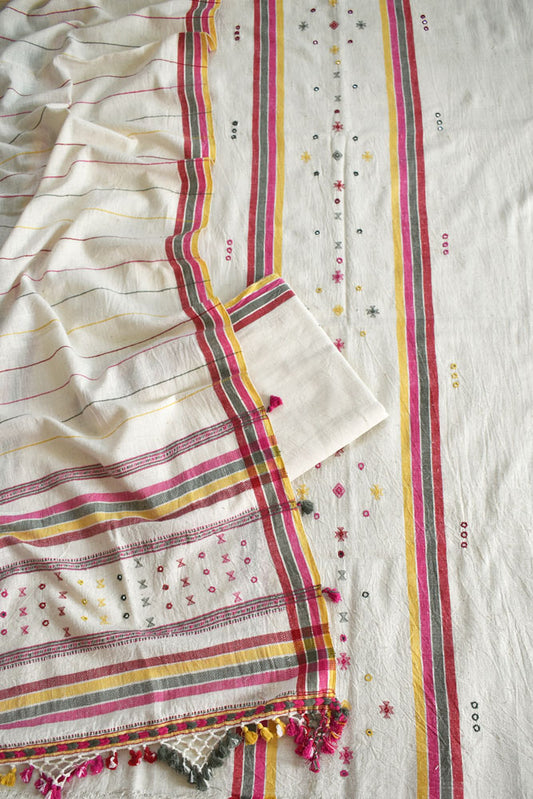 Premium Handwoven Kala Cotton Bhujodi suits with Mirror and Miri work - 3 pc set