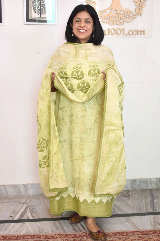 Designer Banarasi Soft Cotton suits with woven Borders and bootis and Dabu block print