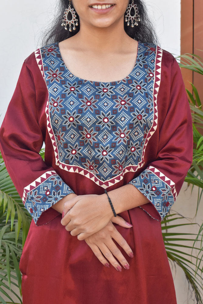 Beautiful Mashru Silk Kurta with Ajrakh patch & Kutch mirror work size - 38-44