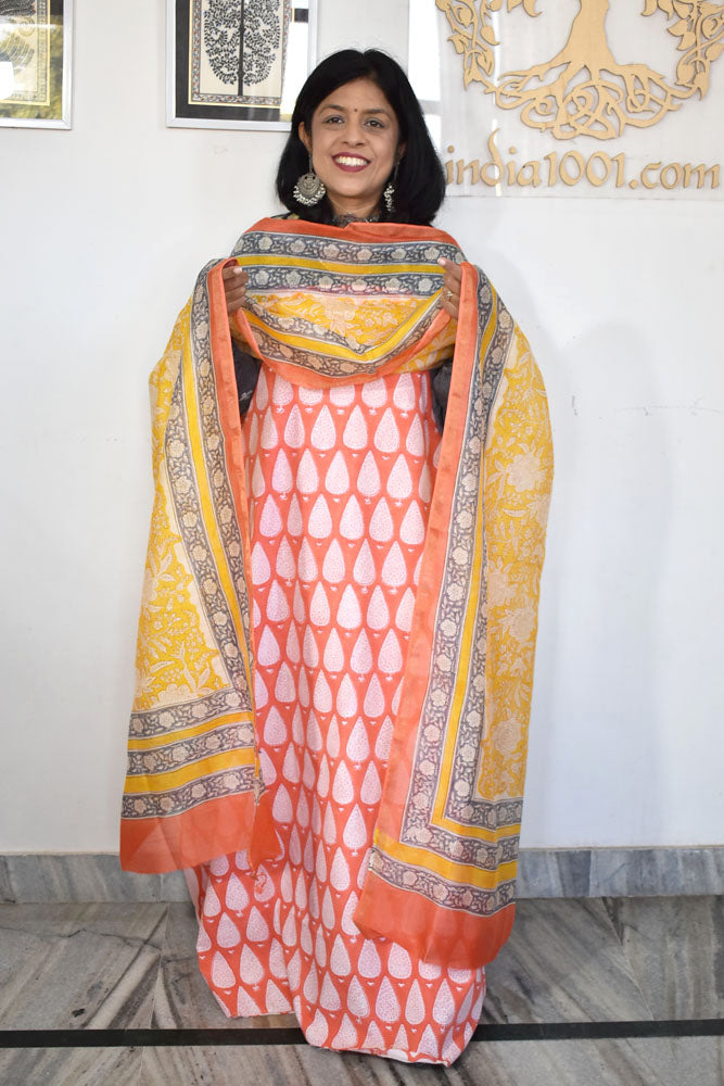 Hand Block Print Cotton suit with Chanderi dupatta