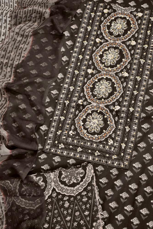 Beautiful  Cotton Unstitched Suit with  Neck patch, Intricate Hand Embroidery & Block print chiffon dupatta