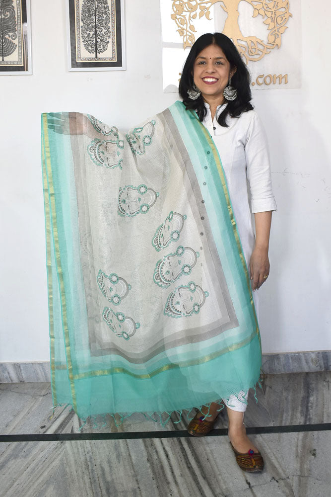 Hand Block Printed & Brush painted  Kota Doria Cotton Dupatta