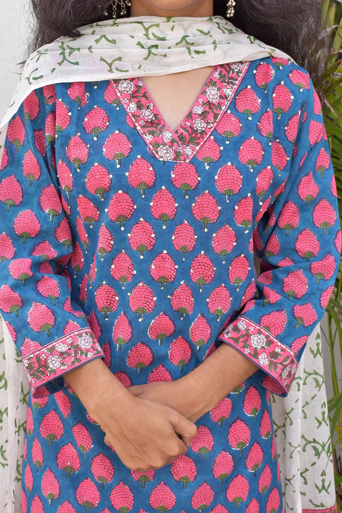 Hand Block Printed Cotton suit with Hand Embroidery - Kurta , Cotton Dupatta & Pant - size 38,40, 42, 44, 46, 48