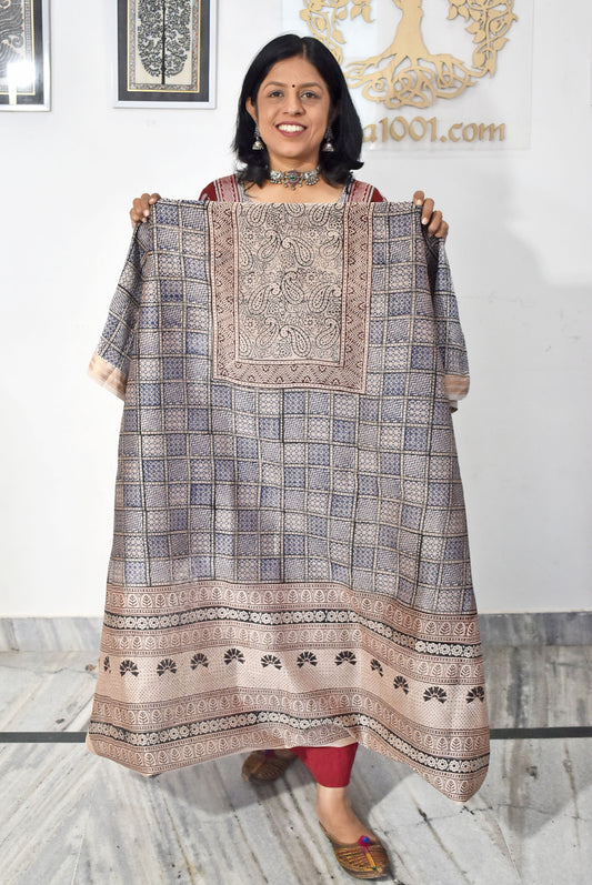 Handwoven Maheshwari kurta fabric with Bagh Hand block print