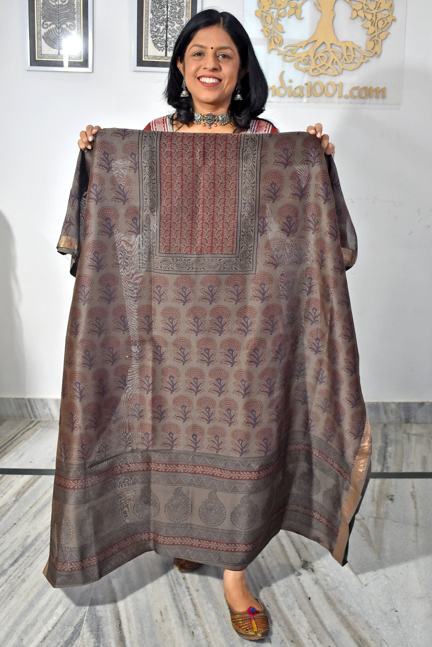 Handwoven Maheshwari kurta fabric with Bagh Hand block print