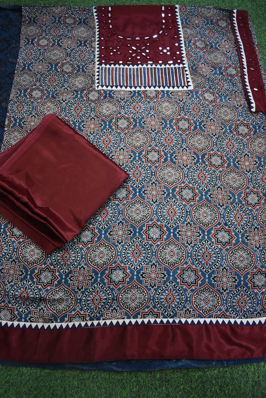 Designer Ajrakh Mashru Kurta Fabric with Kutch Mirror Work patch & Plain Mashru pant fabric