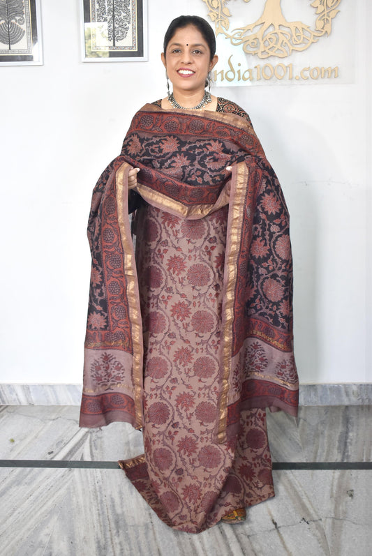 Beautiful Vanaspathi Ajrakh Hand Block Printed Maheshwari set with Bottom