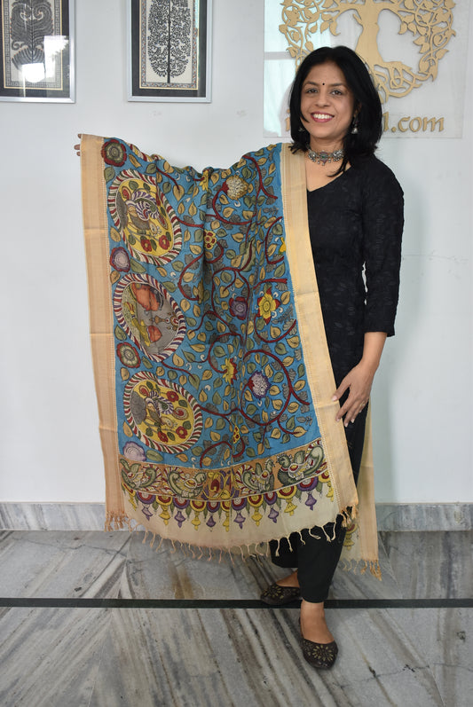 Beautiful Bangalore Cotton Silk Hand Painted Kalamkari Dupatta