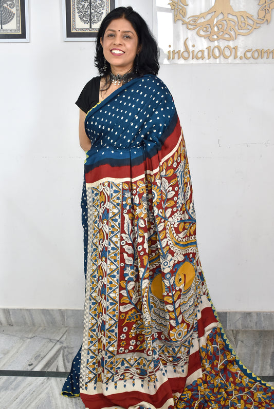 Beautiful Hand-Crafted Modal Silk Bandhani + Kalamkari print Saree