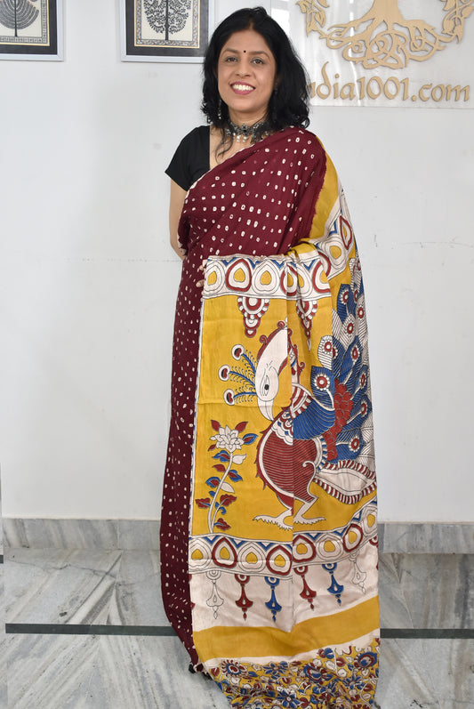 Beautiful Hand-Crafted Modal Silk Bandhani + Kalamkari print Saree