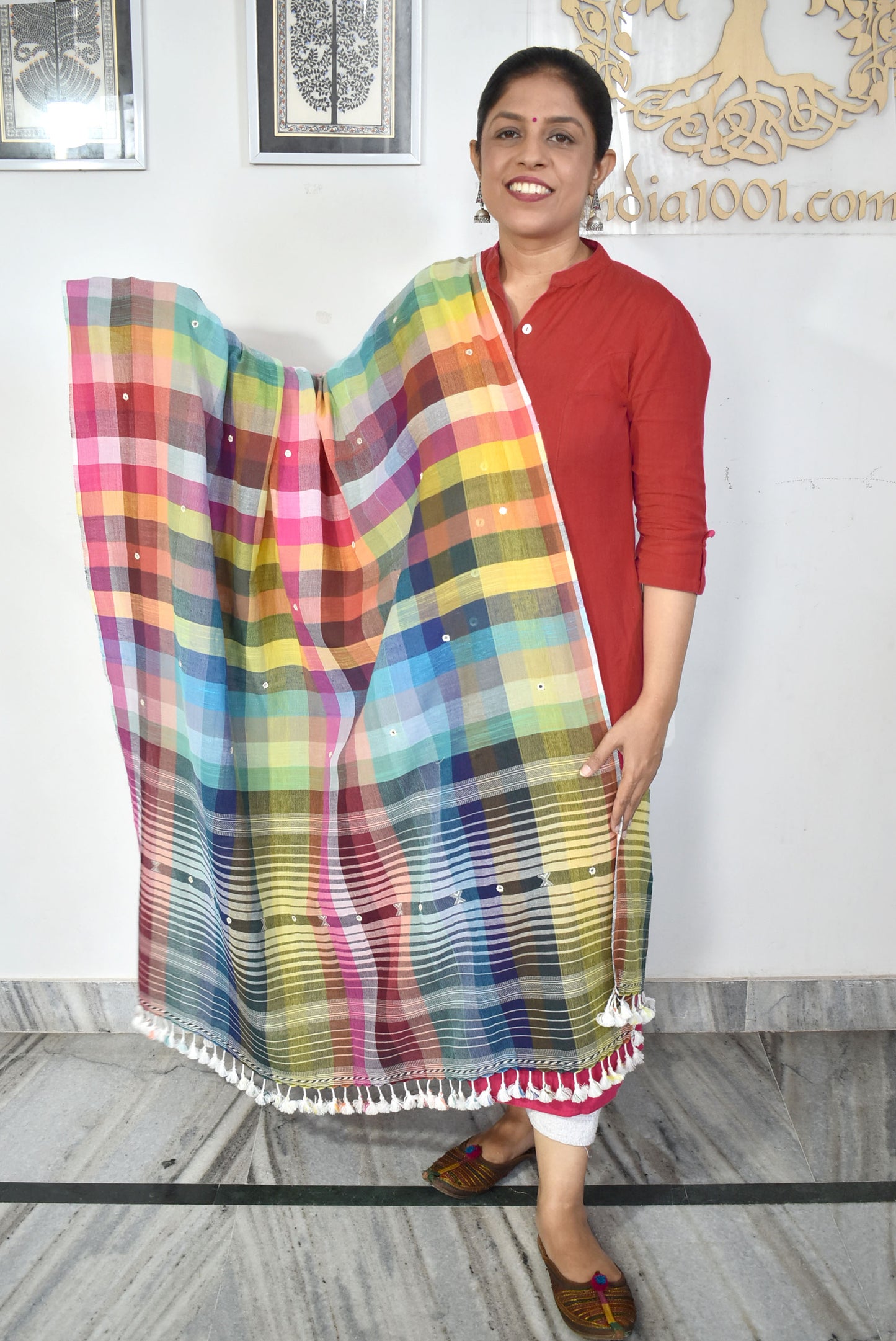 Elegant Handwoven Multicolor Checks Cotton Bhujodi Dupatta with Mirror  and Tassels