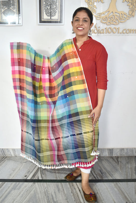 Elegant Handwoven Multicolor Checks Cotton Bhujodi Dupatta with Mirror  and Tassels