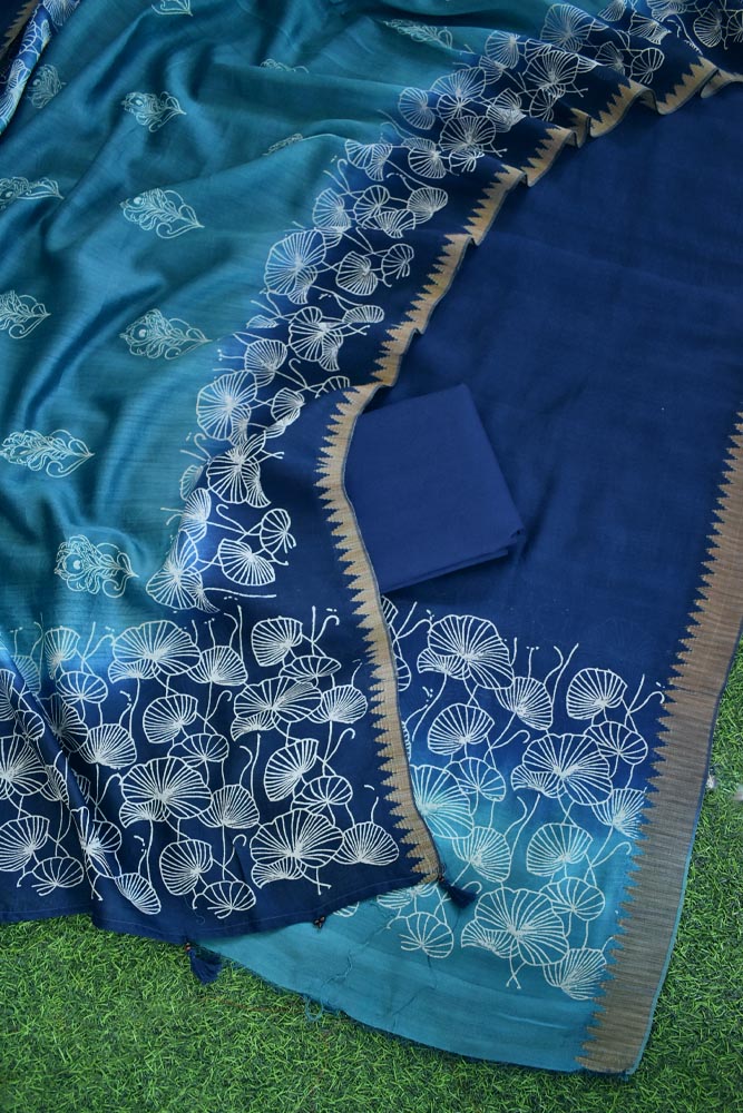 Beautiful Hand Block Printed Maheshwari Silk Cotton Unstitched suit fabric with Geecha borders