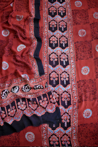 Ajrakh Hand Block Print Georgette Dupatta & Georgette Kurta Fabric