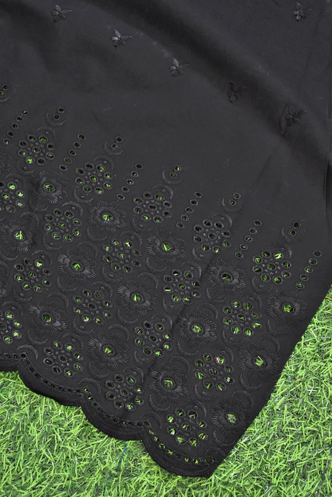 Beautiful cotton ( bottom) fabric with schiffli work & embroidery - 2.5 mtrs - color Black - dyeable