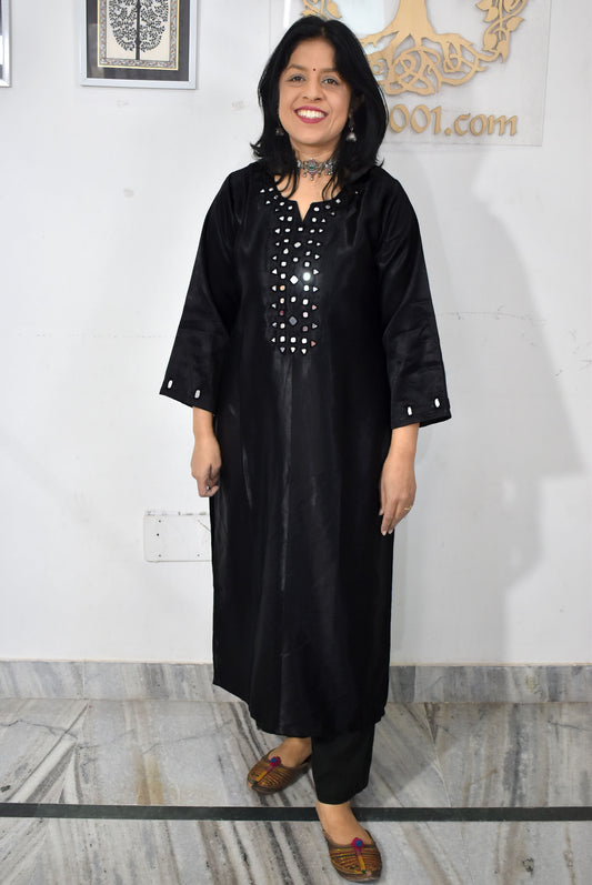 Beautiful Mashru Silk Kurta with Kutch mirror work , Size 38 to 50 ( all sizes) - Black