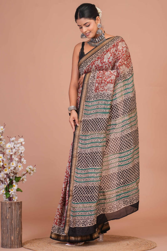 ज्यामिति : Elegant & Classic Hand Block Printed Bagru Maheshwari Silk Cotton Saree